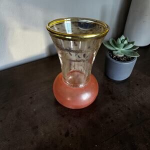 Vintage Pink Glass Bud Vase with Gold Rim – Small Frosted Base Votive Holder –